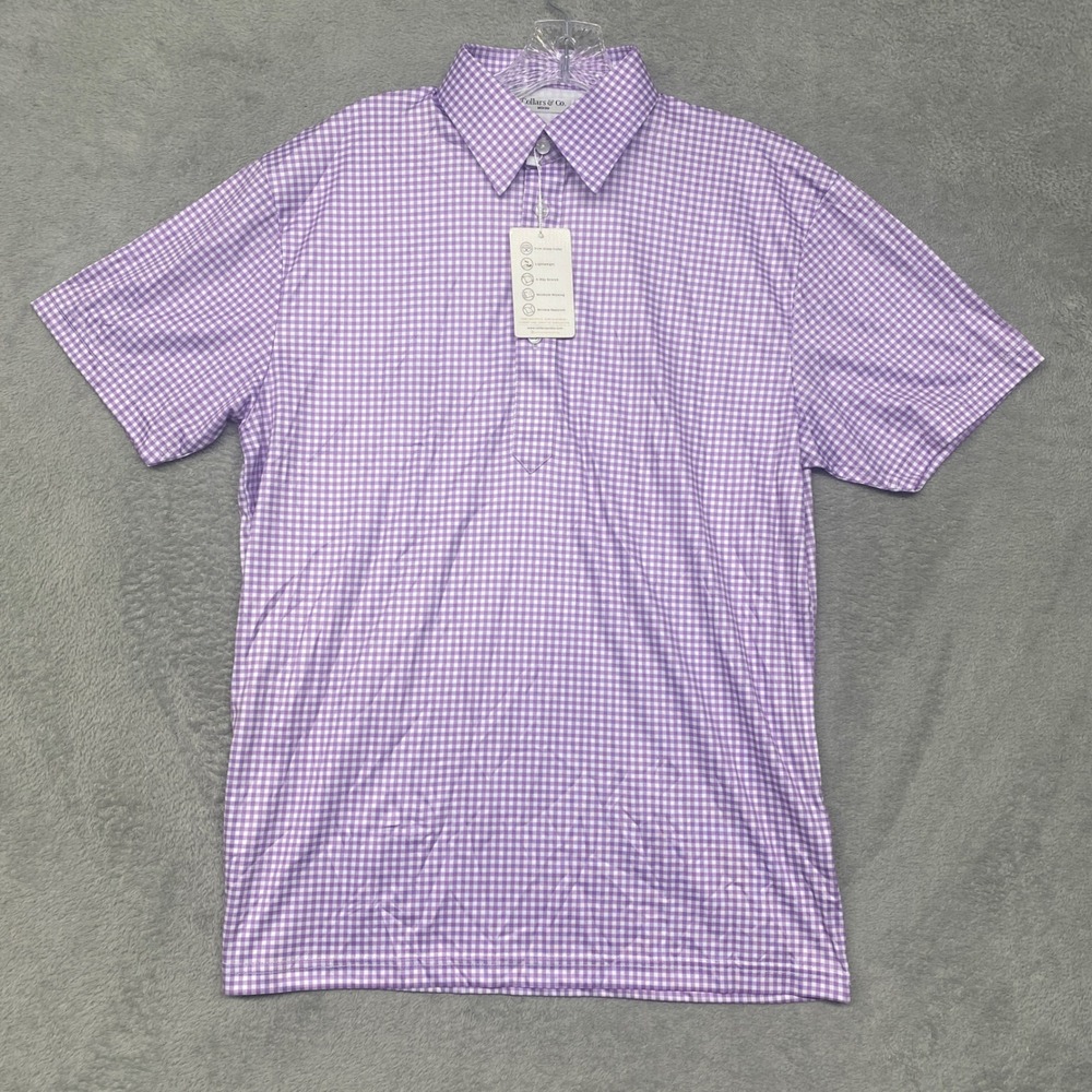 Collars & Co Polo Shirt Medium Mens Purple Gingham Dress Collar Golf Performance